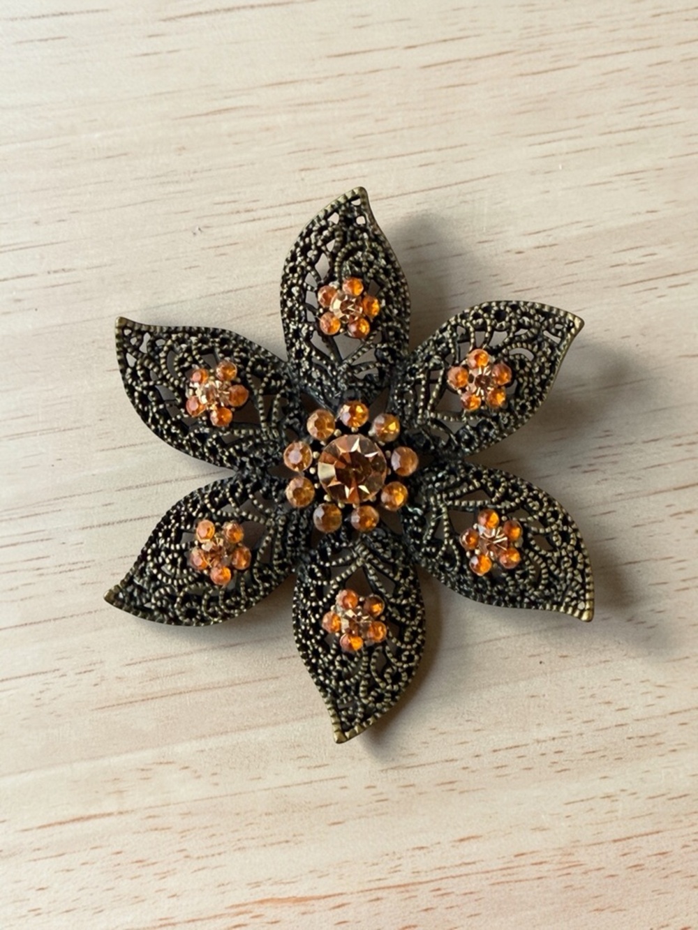 Vintage Style Amber Rhinestone Flower Brooch Filigree Gold Tone Statement Pin